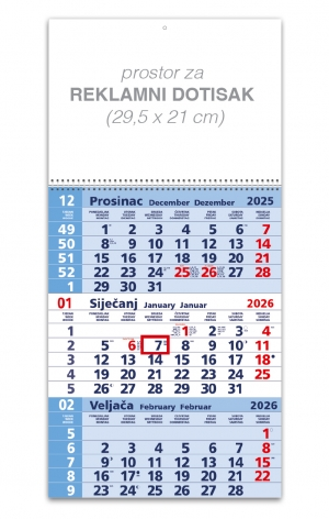 KALENDAR TRODJELNI PLAVI SA SPIRALOM U ZAGLAVLJU