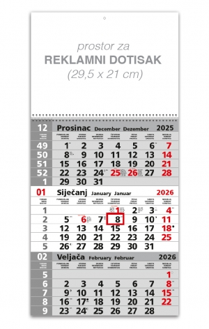 KALENDAR TRODJELNI SIVI SA SPIRALOM U ZAGLAVLJU