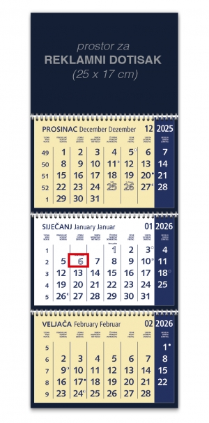 KALENDAR TRODJELNI plavi s 3 spirale